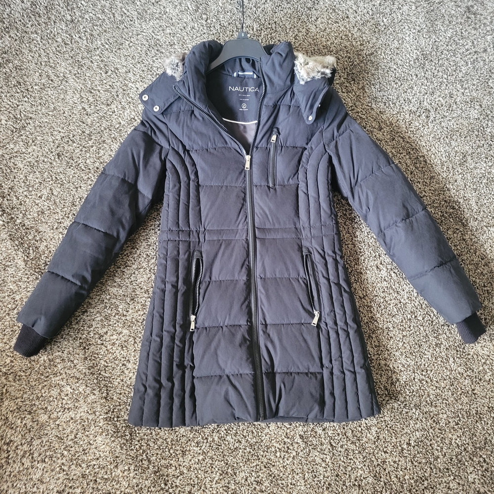 Nautica Women's Black Quilted Jacket with Faux Fur Hood